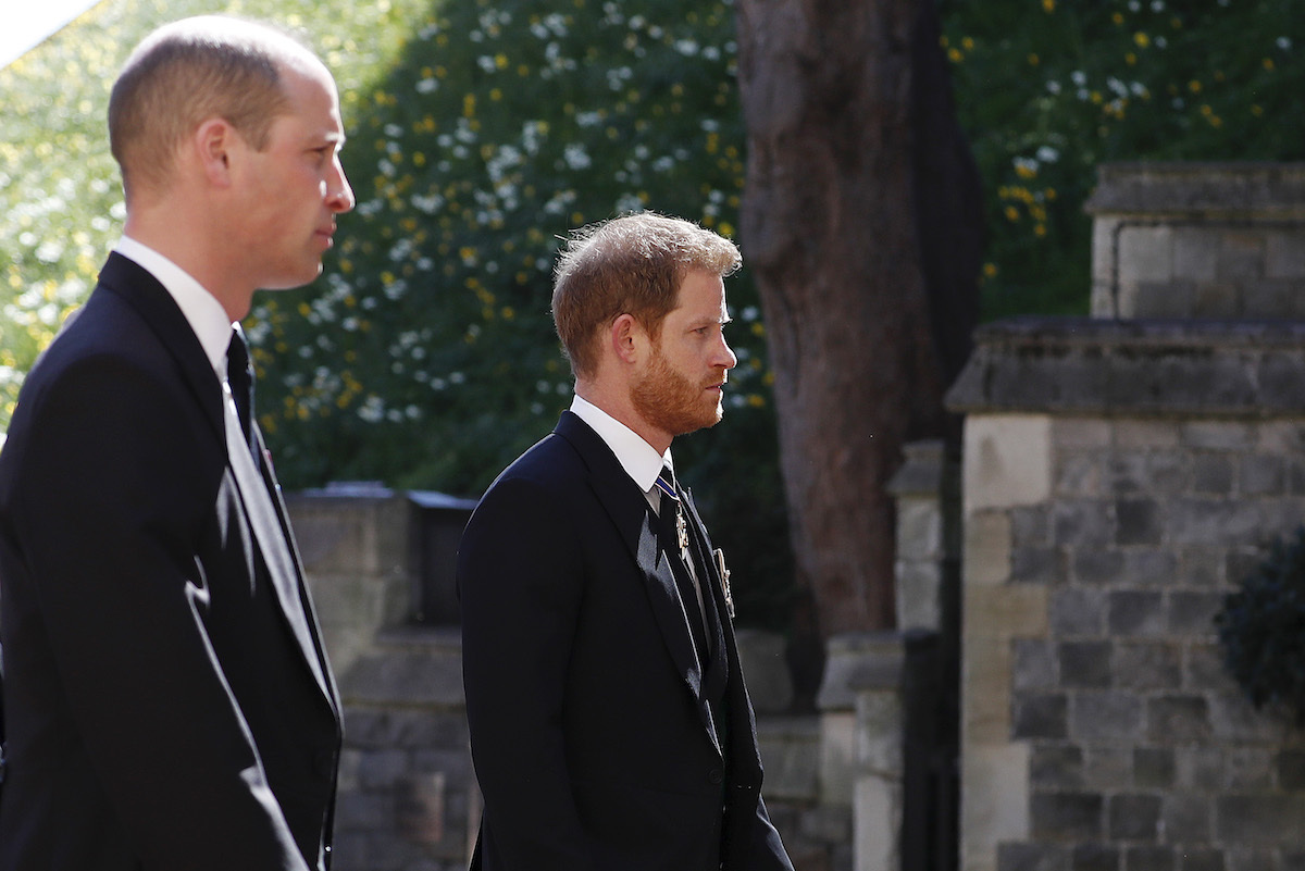 Prince William, Duke of Cambridge and Prince Harry, Duke of Sussex during the Ceremonial Procession during the funeral of Prince Philip, Duke of Edinburgh at Windsor Castle on April 17, 2021 in Windsor, England