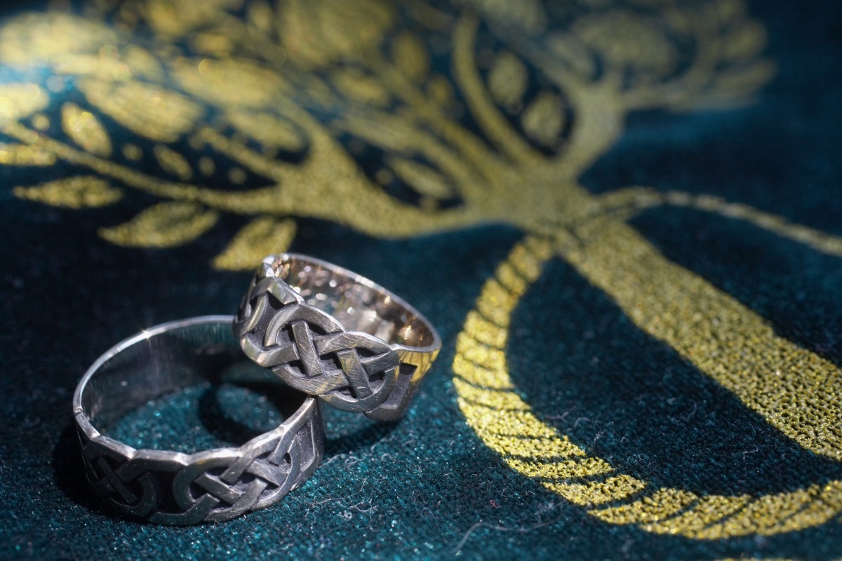 Closeup of celtic wedding bands