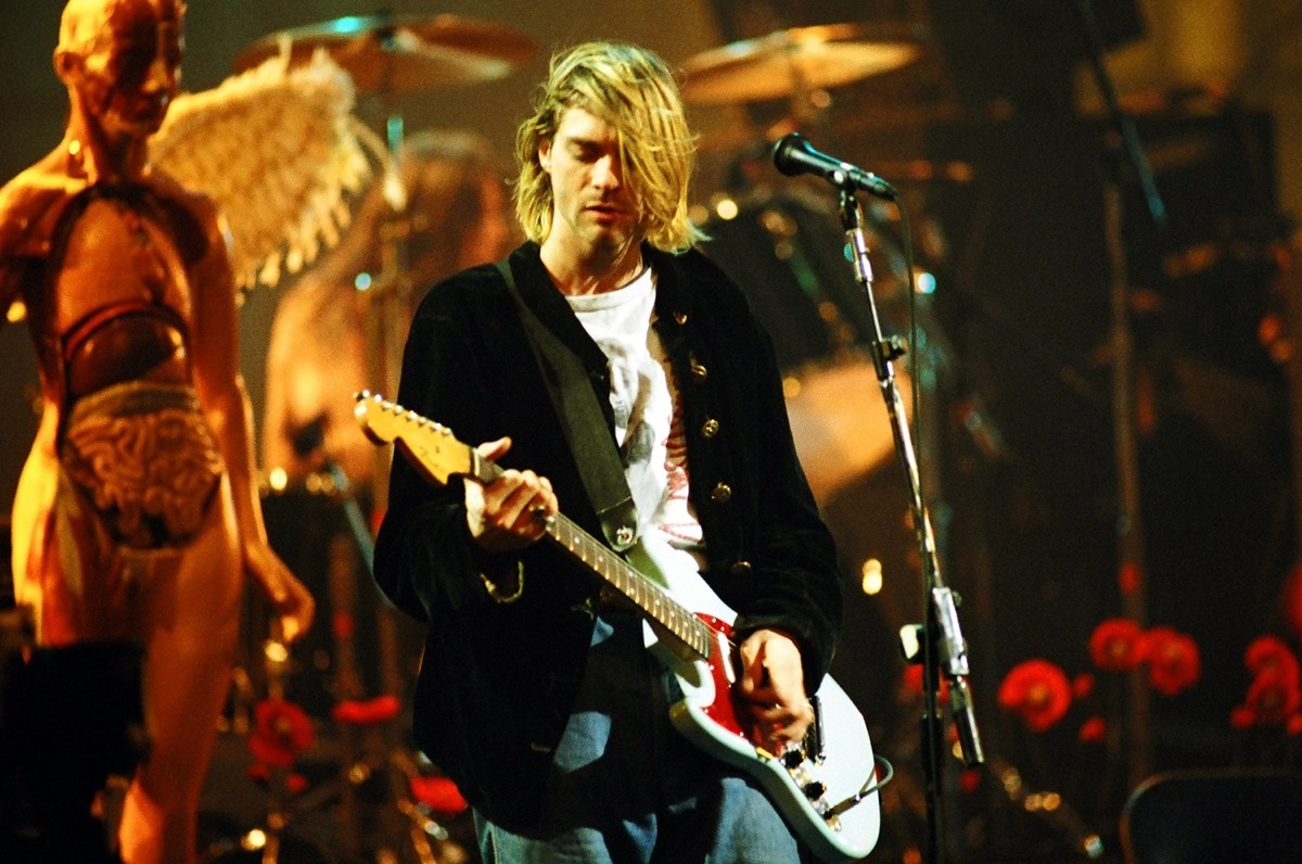 Kurt Cobain performing with Nirvana during the MTV Live and Loud: Nirvana Performs Live in 1993