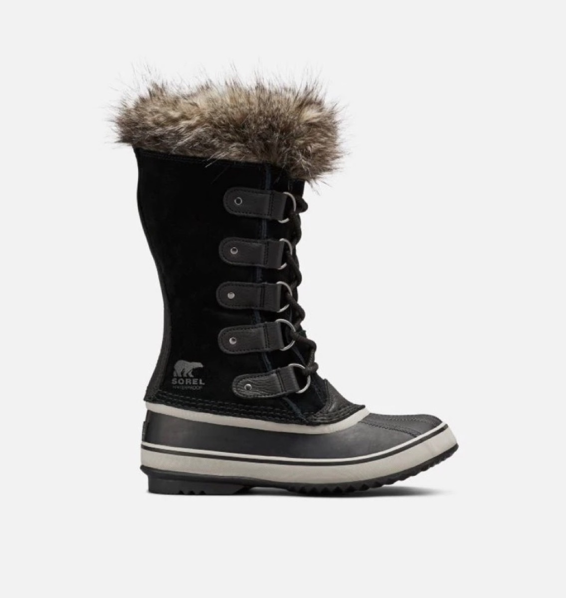 black waterproof boots topped with gray faux fur