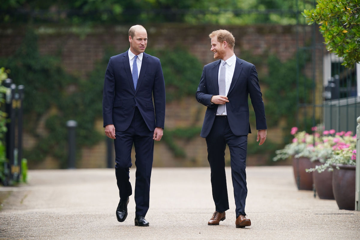 Prince William, Duke of Cambridge (left) and Prince Harry, Duke of Sussex arrive for the unveiling of a statue they commissioned of their mother Diana, Princess of Wales, in the Sunken Garden at Kensington Palace, on what would have been her 60th birthday on July 1, 2021 in London, England.