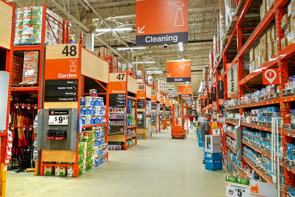 Inside of a Home Depot store showing the cleaning aisle.