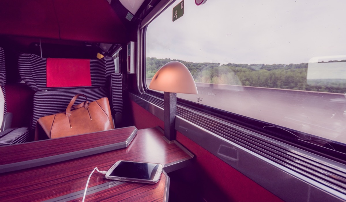 leather bag on seat on train