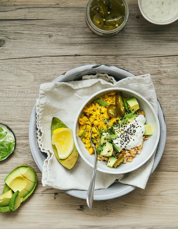 farro breakfast bowl with turmeric & scallion scrambled chickpeas