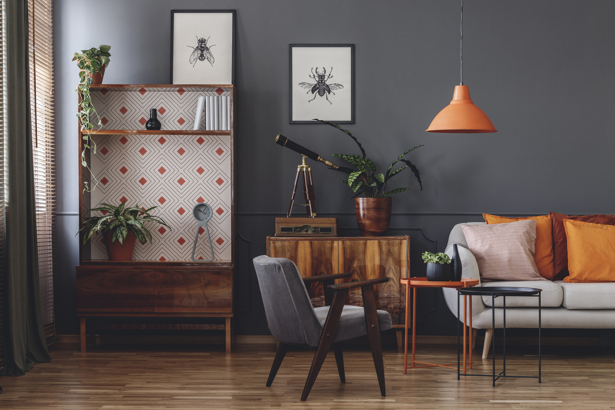 Vintage grey living room interior